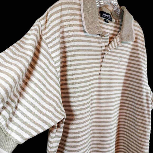 Men's Ashworth Collared Polo Cream/Green Striped Short Sleeve Size Medium - Picture 5 of 5